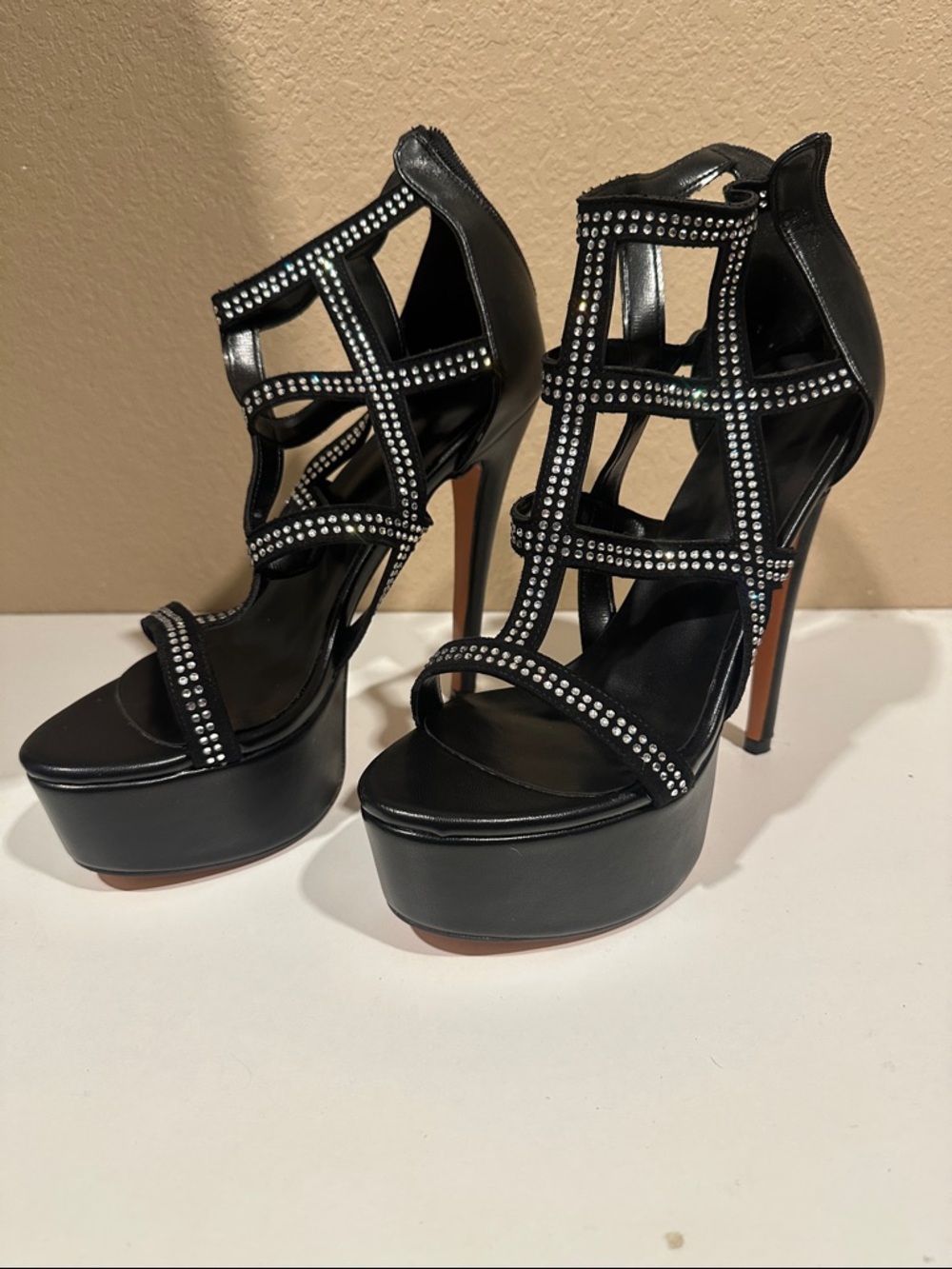 Studded Black Platform Cage Heels - Women